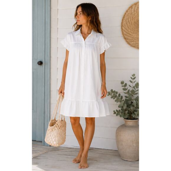 Quince Dresses & Skirts - Quince White Organic Cotton Ruffle Shirt Dress Poplin Cottagecore M